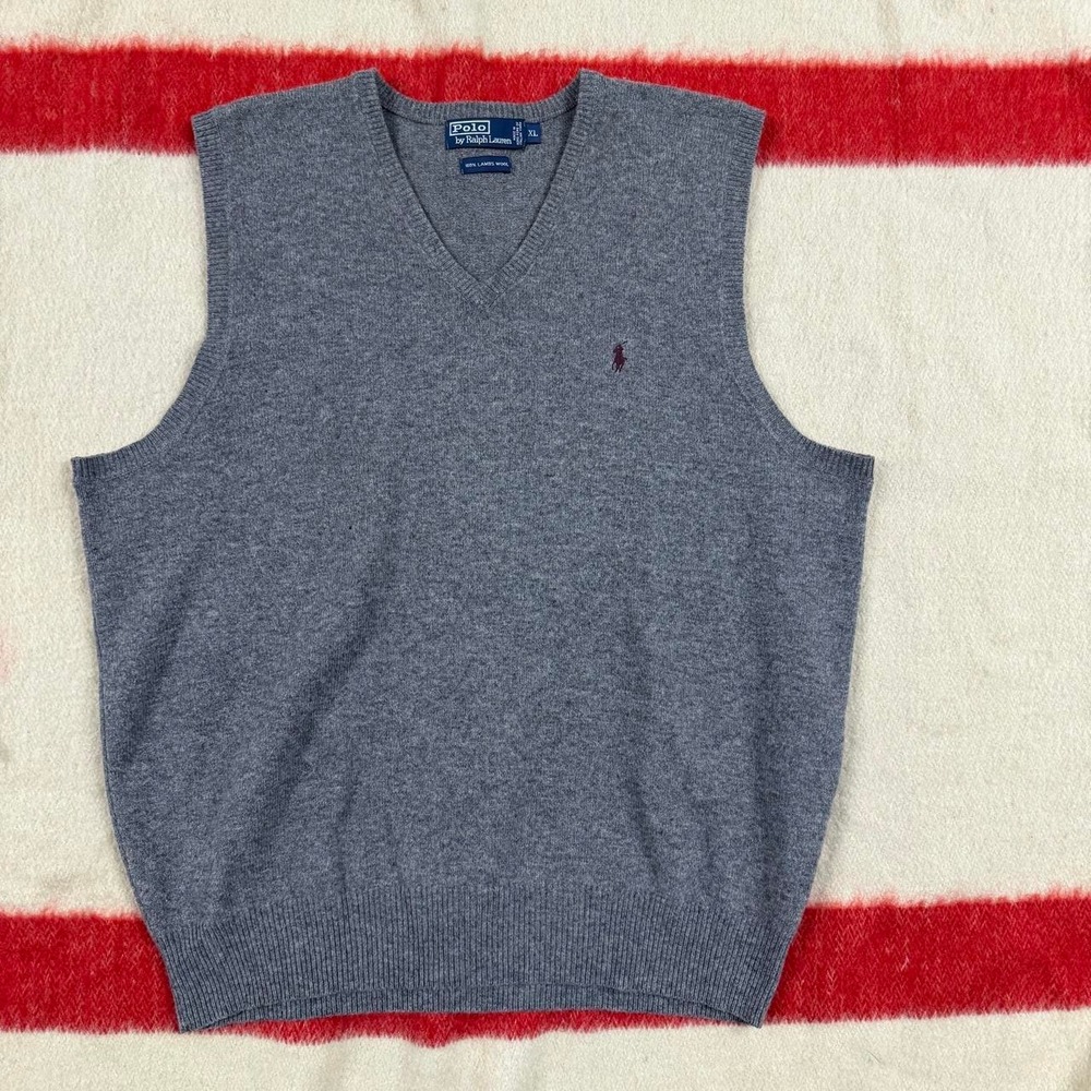 Vintage Polo Ralph Lauren Grey Lambswool Knit V-Neck Sweater Vest XL Mens 90s